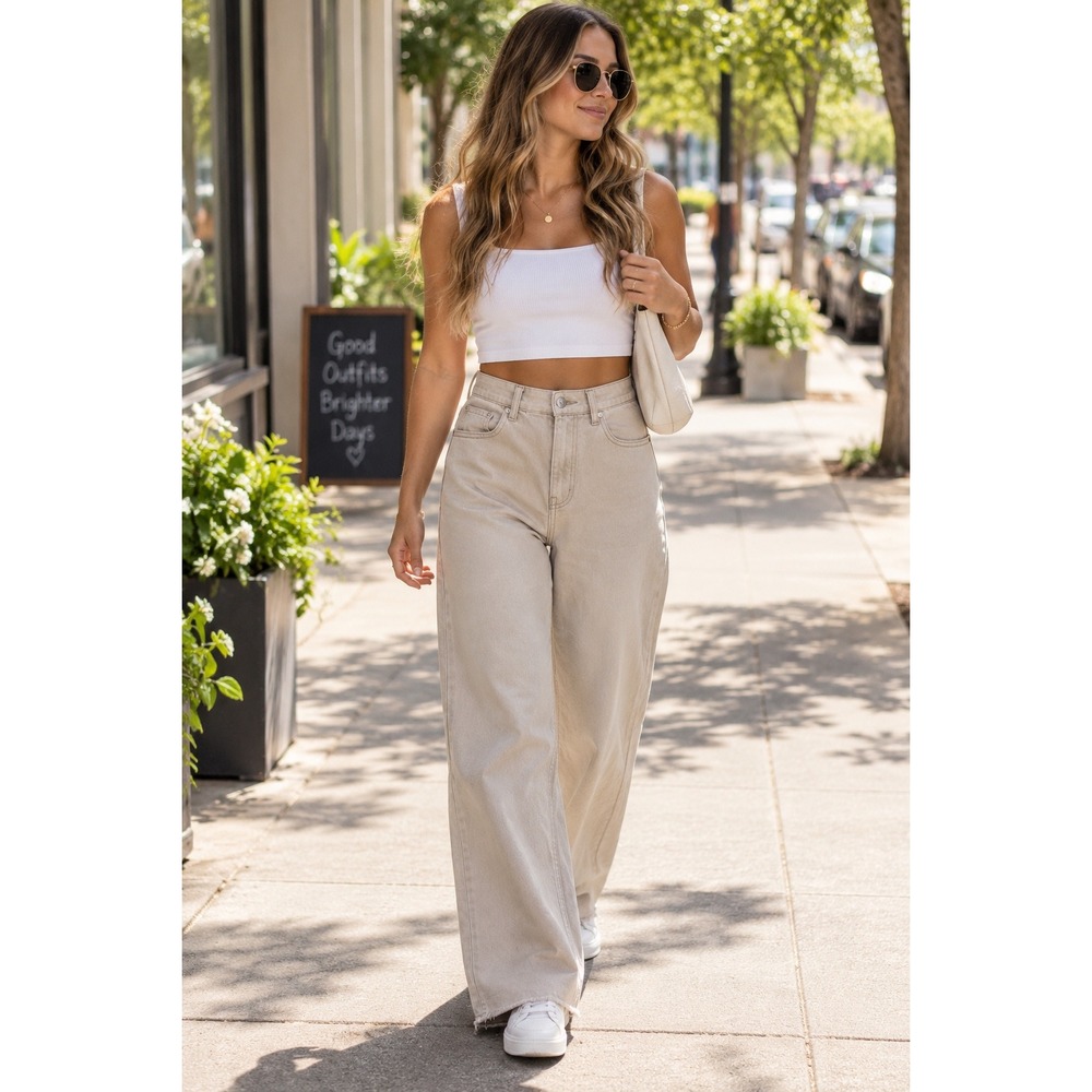 HM Divided Beige High Waisted Wide Leg Raw Hem Pants Tan Khaki Size 10